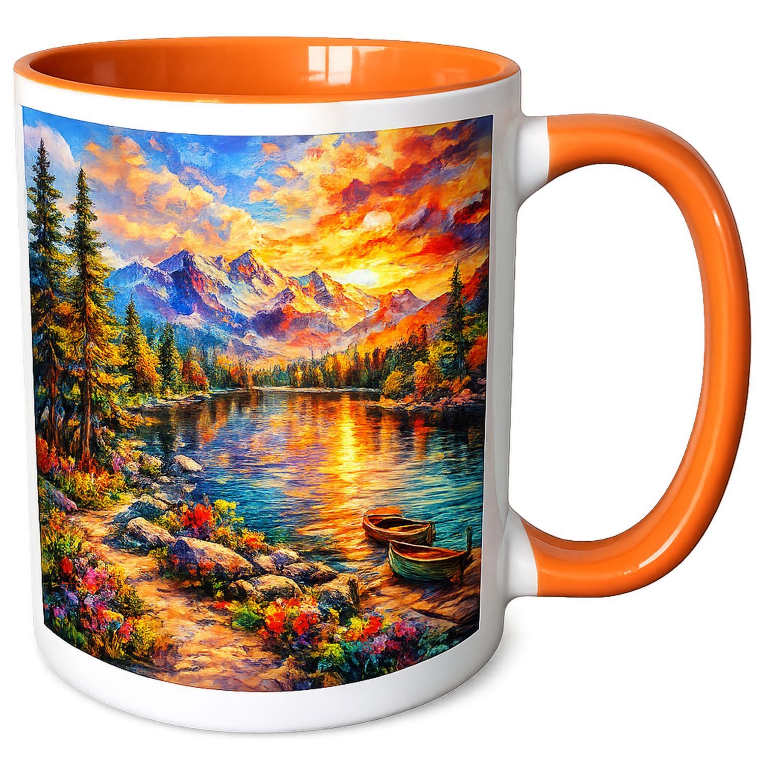 Taza Grande de Cerámica con Paisaje Montañoso en Atardecer