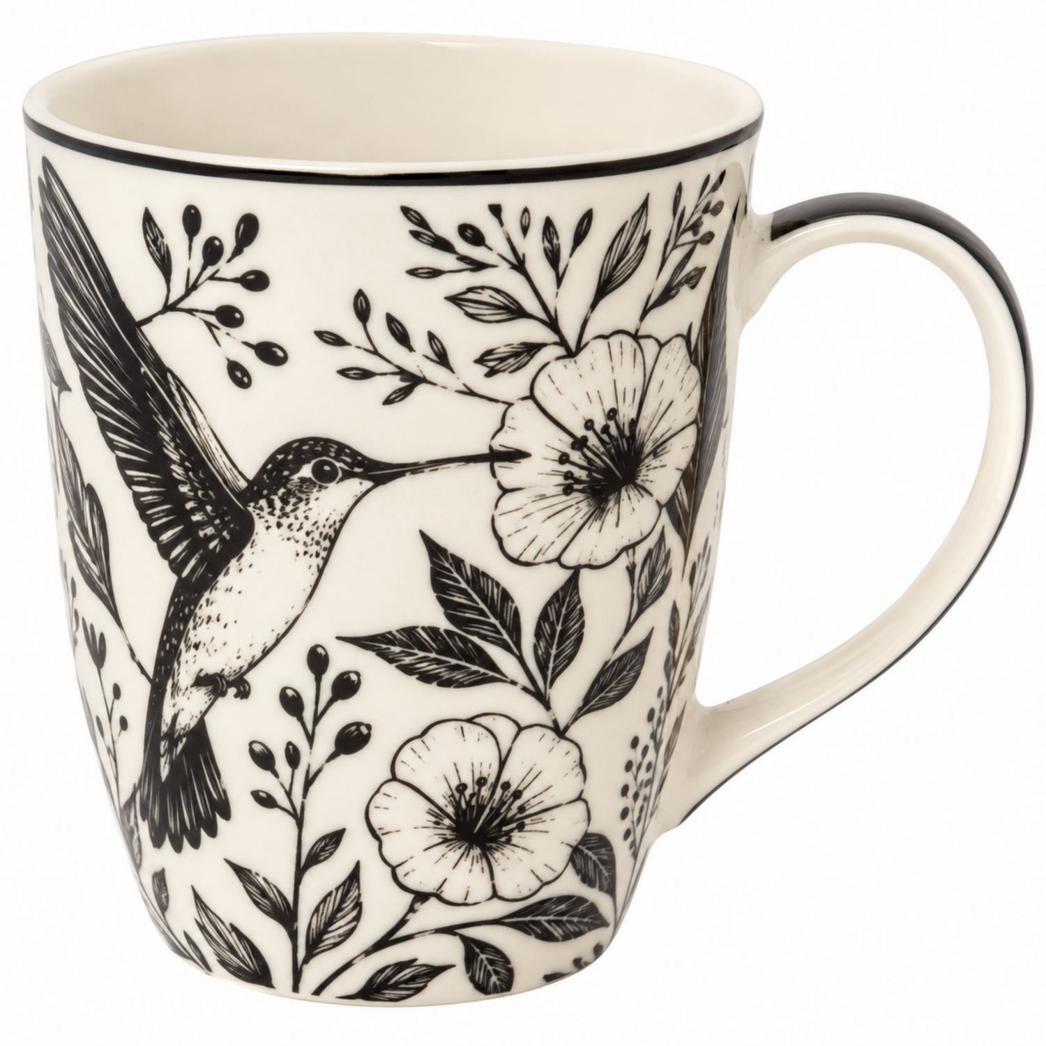 Taza de cerámica con diseño de colibrí y flores en blanco y negro