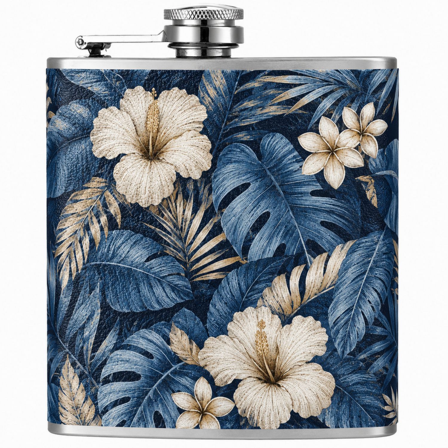 Fiaschetta in Acciaio Inossidabile con Motivo Floreale Blu e Bianco-Ryenatural