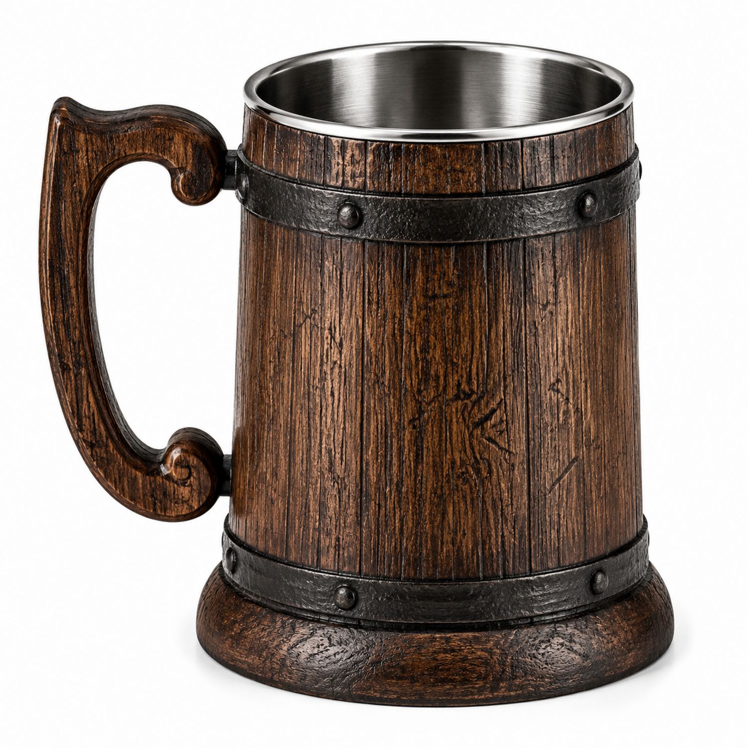 Boccale rustico in legno e acciaio inox con isolamento termico, 500ml, marrone-Ryenatural