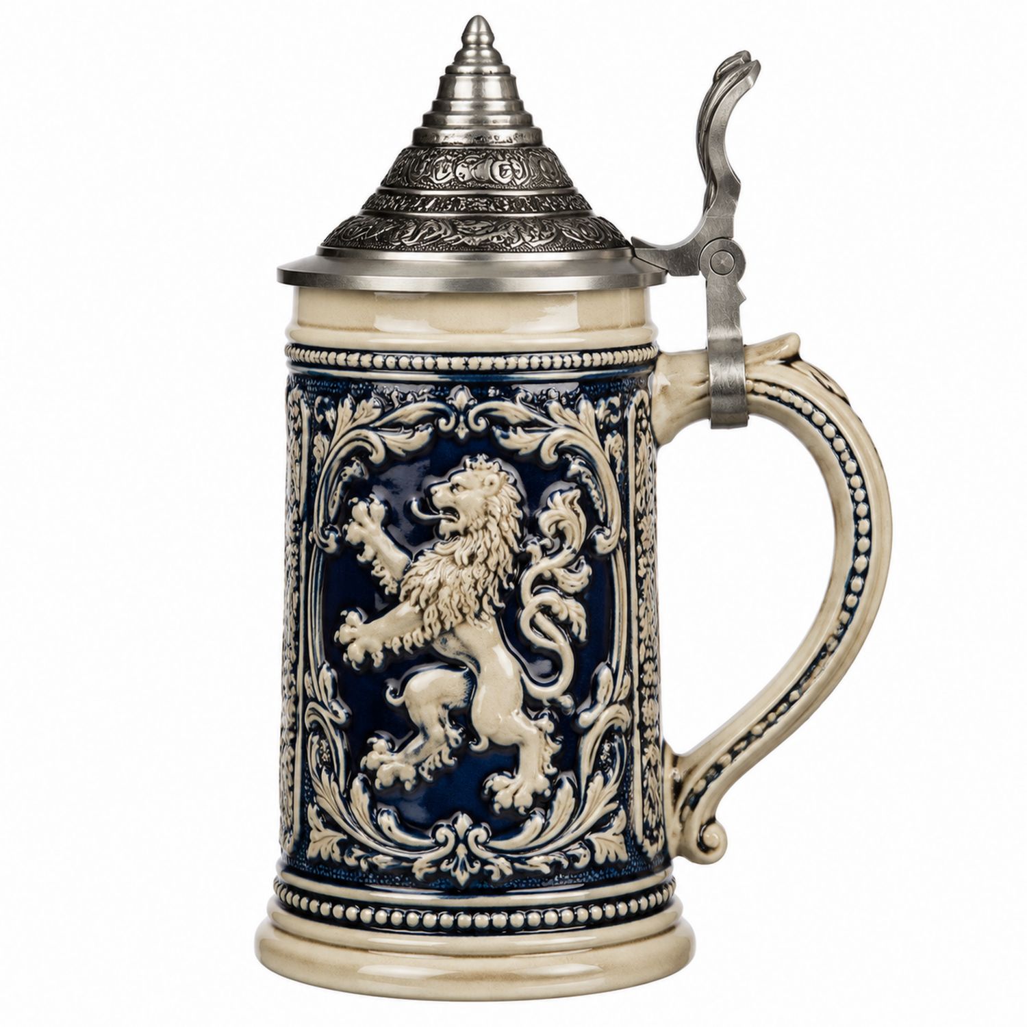 Boccale in Ceramica con Leone in Rilievo e Coperchio in Metallo-Ryenatural