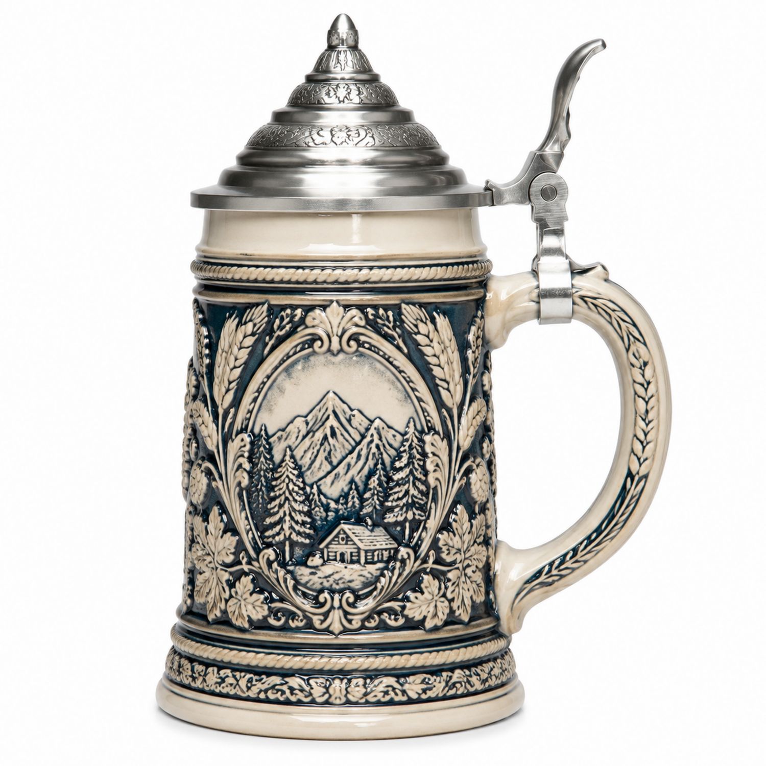 Boccale da Birra Decorato con Coperchio in Metallo, 500ml, Crema e Blu-Ryenatural