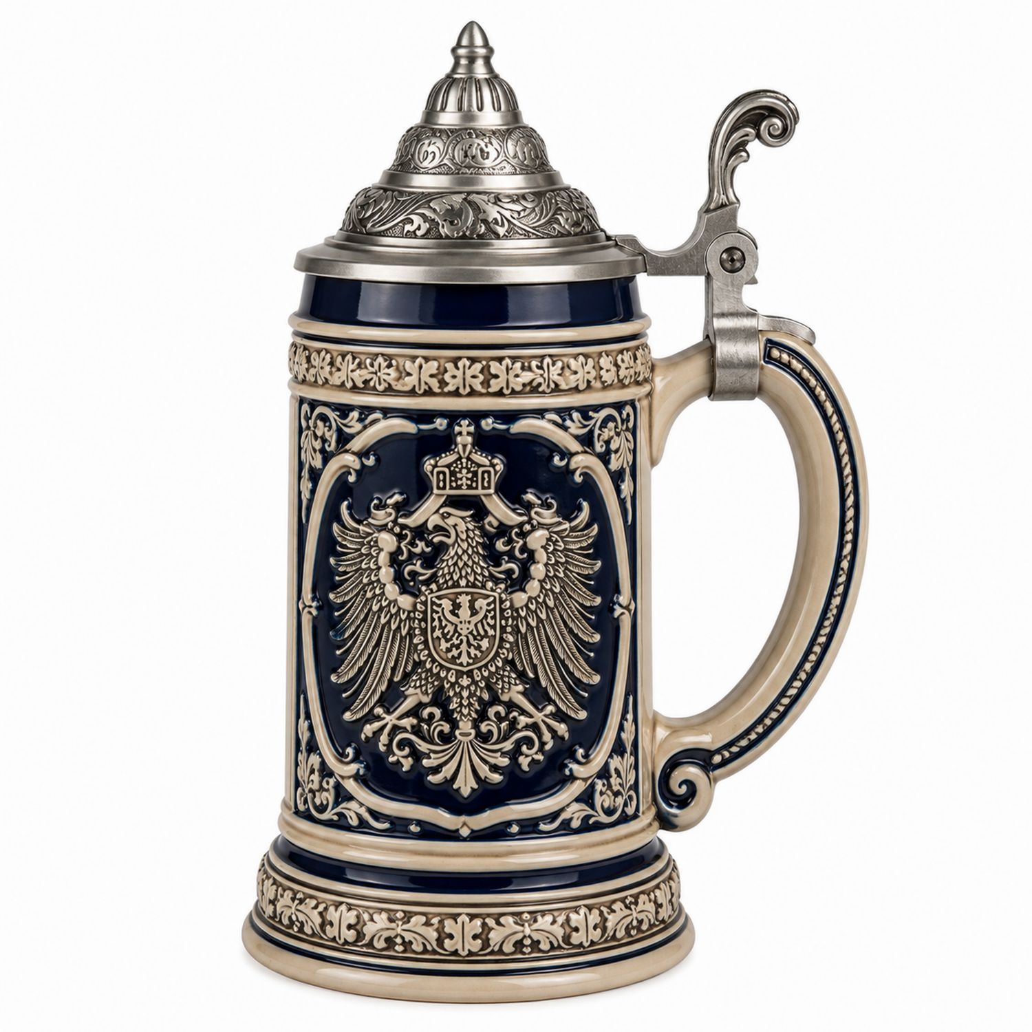 Boccale da birra in ceramica blu e beige con coperchio decorato-Ryenatural