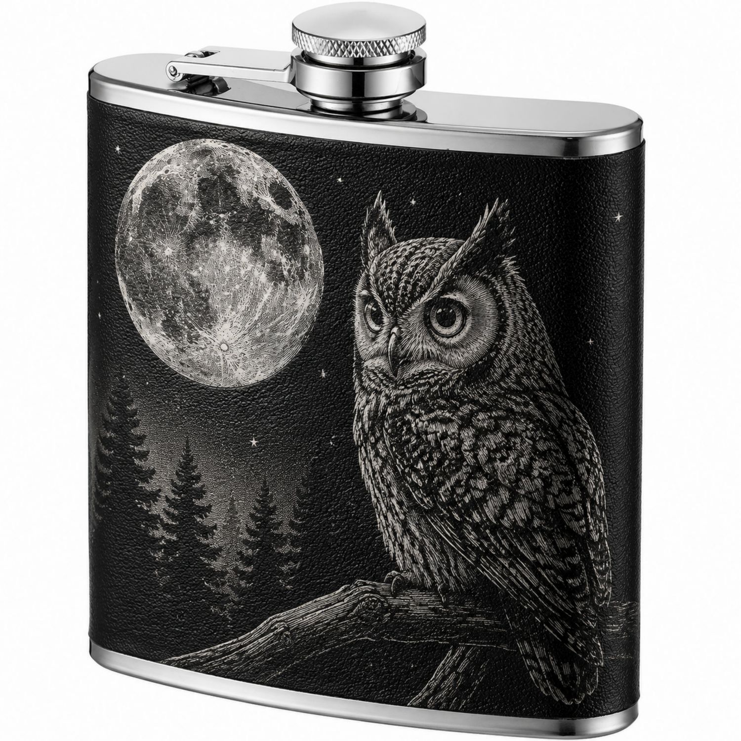 Fiaschetta Tascabile in Acciaio Inox con Incisione Gufo e Luna 180ml-Ryenatural
