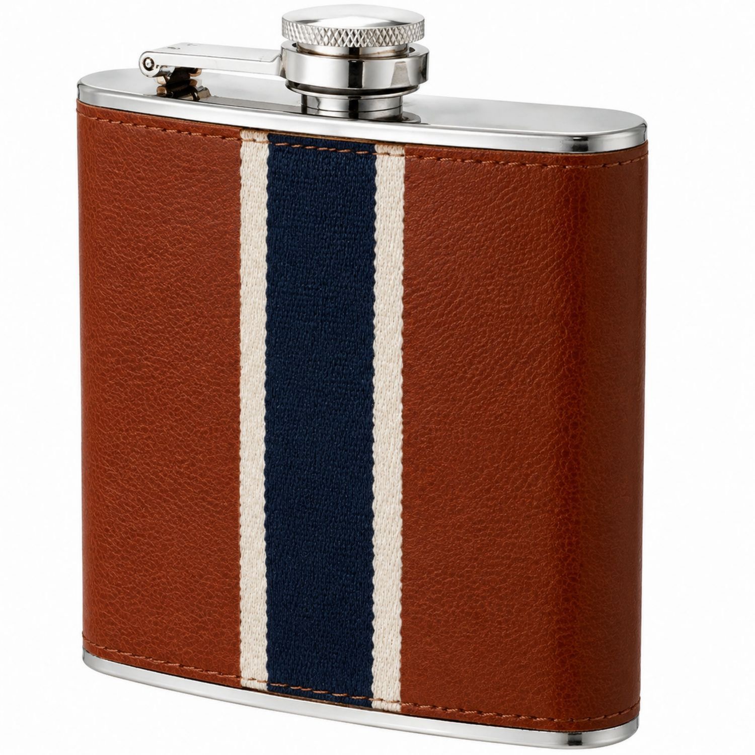 Fiaschetta Elegante in Acciaio Inox con Rivestimento in Pelle Marrone e Strisce Decorativa Blu-Ryenatural