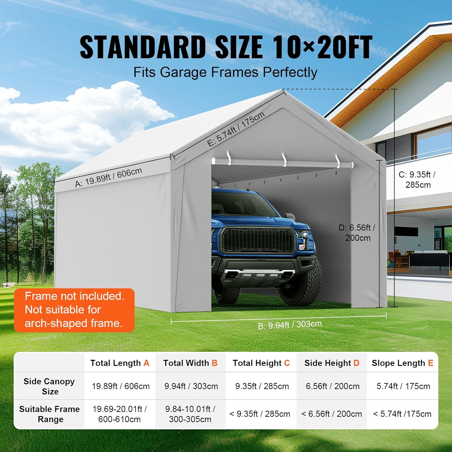 VEVOR - Cubierta de toldo de Repuesto para cochera + Pared Lateral de 10 x 20 pies, Lona de Refugio para Tienda de campaña, Resistente al Agua y protección UV, fácil instalación con Pelotas de Bolas