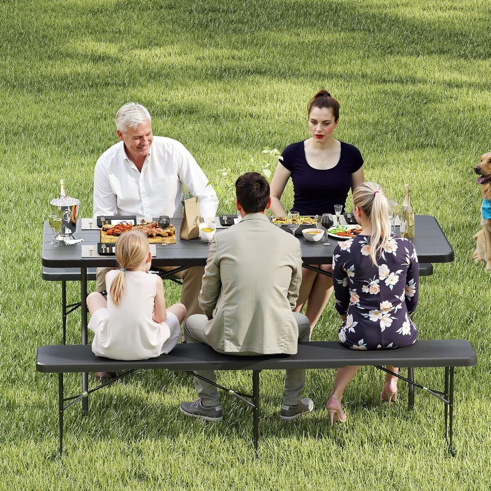 Mesa de picnic de 6' con 2 bancos, 3 piezas, mesa de camping plegable portátil de HDPE con veta de madera negra y bancos para patio, jardín,