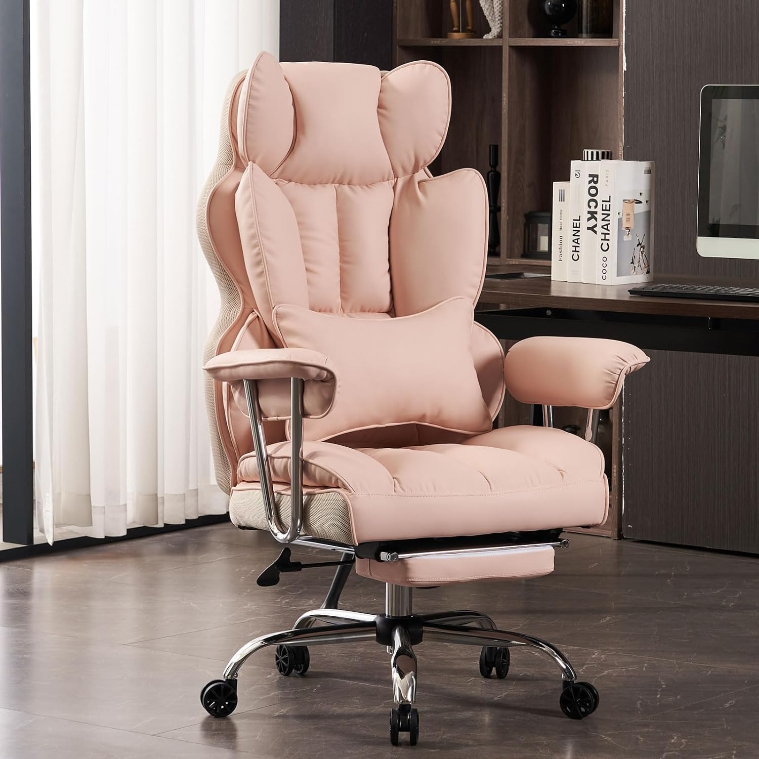 Silla de oficina alta, silla de computadora de cuero PU, silla ejecutiva con reposapiernas y soporte lumbar