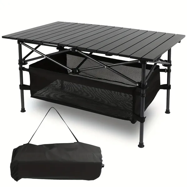 Mesa de playa enrollable ultracompacta, portátil y liviana con amplio espacio de almacenamiento y bolsa de transporte, ideal para acampar, hacer picnics y viajar.