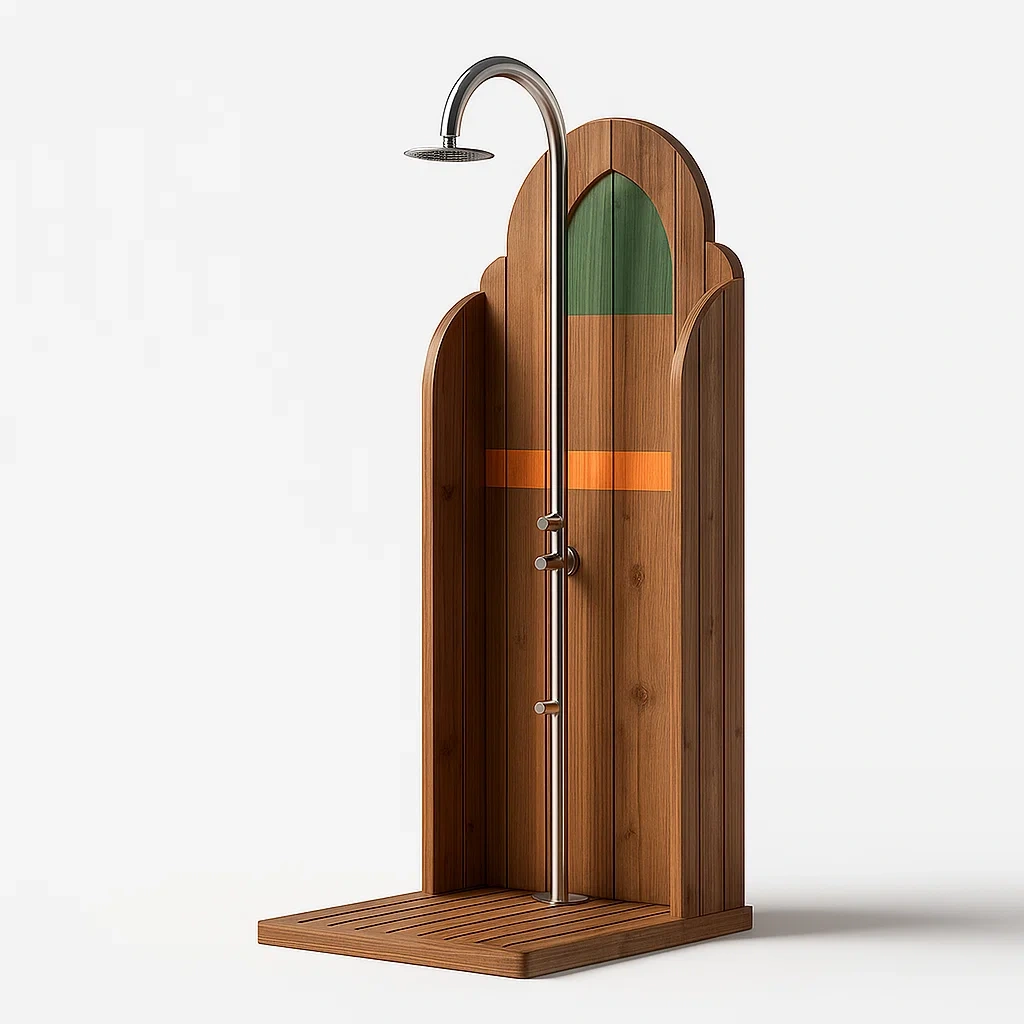 Holzdusche mit Edelstahlarmatur für Außenbereich-furnialexo
