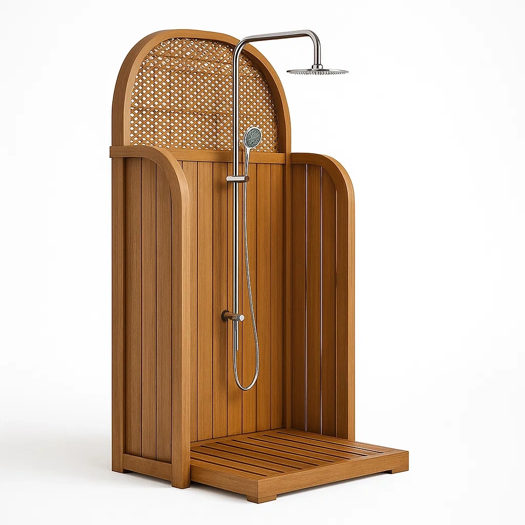 Teakholz Außendusche mit Edelstahl-Duscharmatur Braun-furnialexo