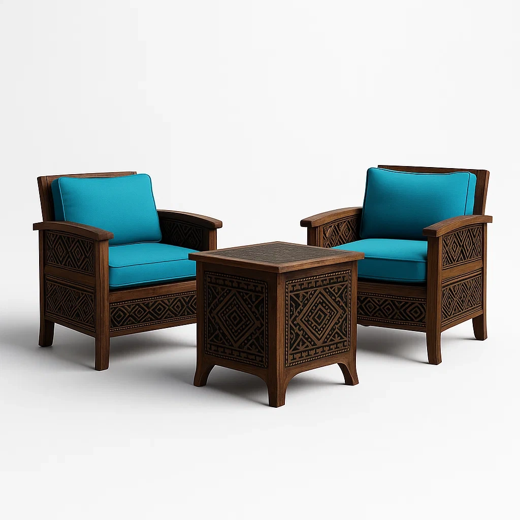 Holz-Sitzgruppe mit blauen Kissen-furnialexo