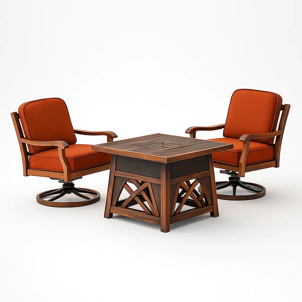 Gartenset aus Akazienholz mit 2 drehbaren Stühlen und Tisch, Kissen in Orange-furnialexo