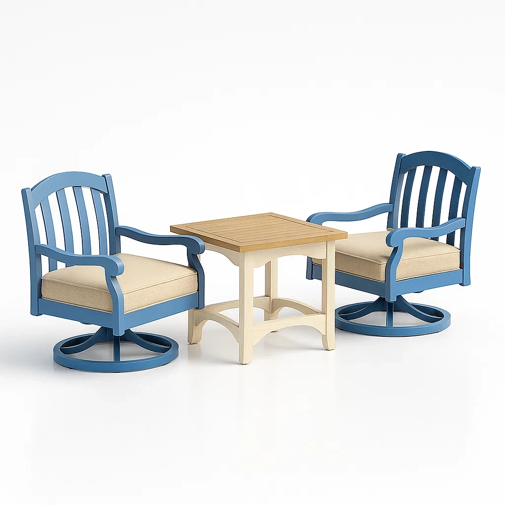 Gartenmöbel-Set aus Holz und Metall: 2 drehbare Sessel Blau, Tisch Natur-furnialexo