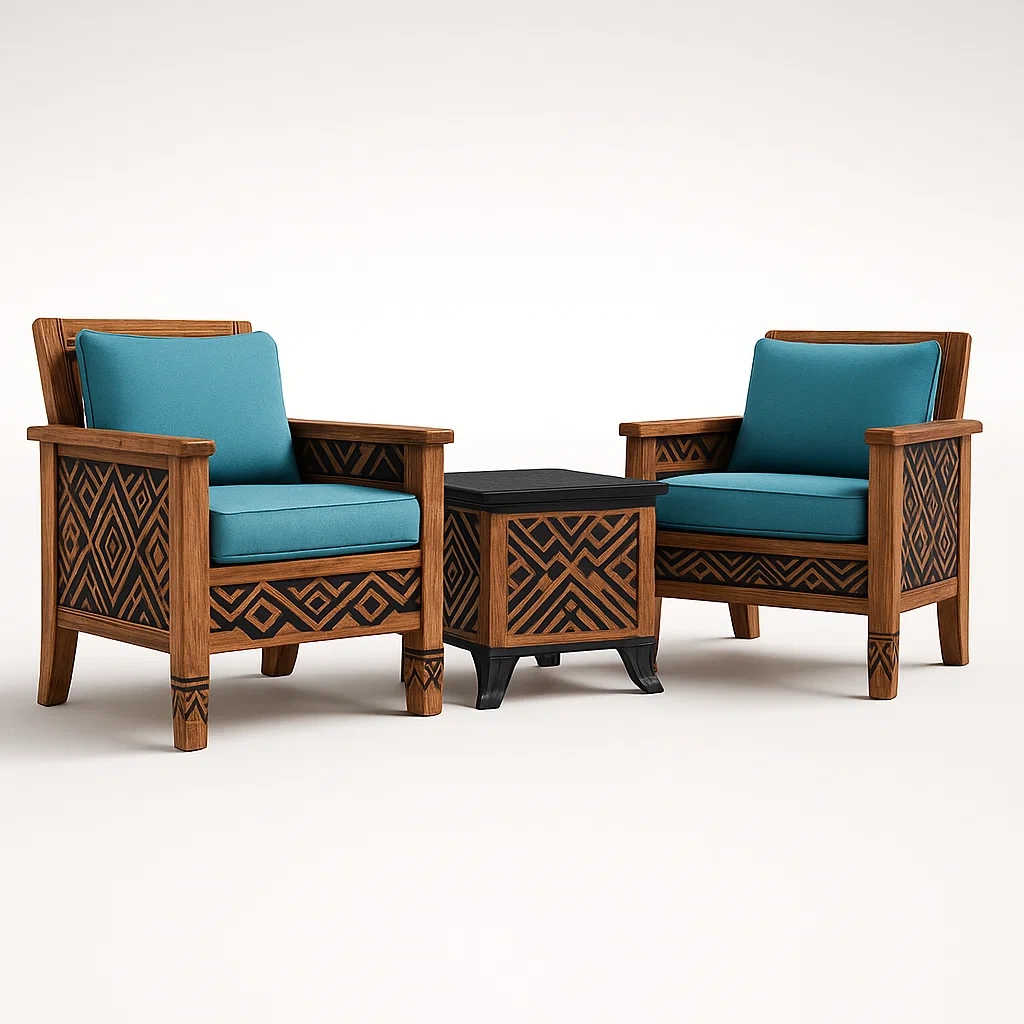 Holz Lounge Set mit Polyesterkissen Braun/Türkis-furnialexo