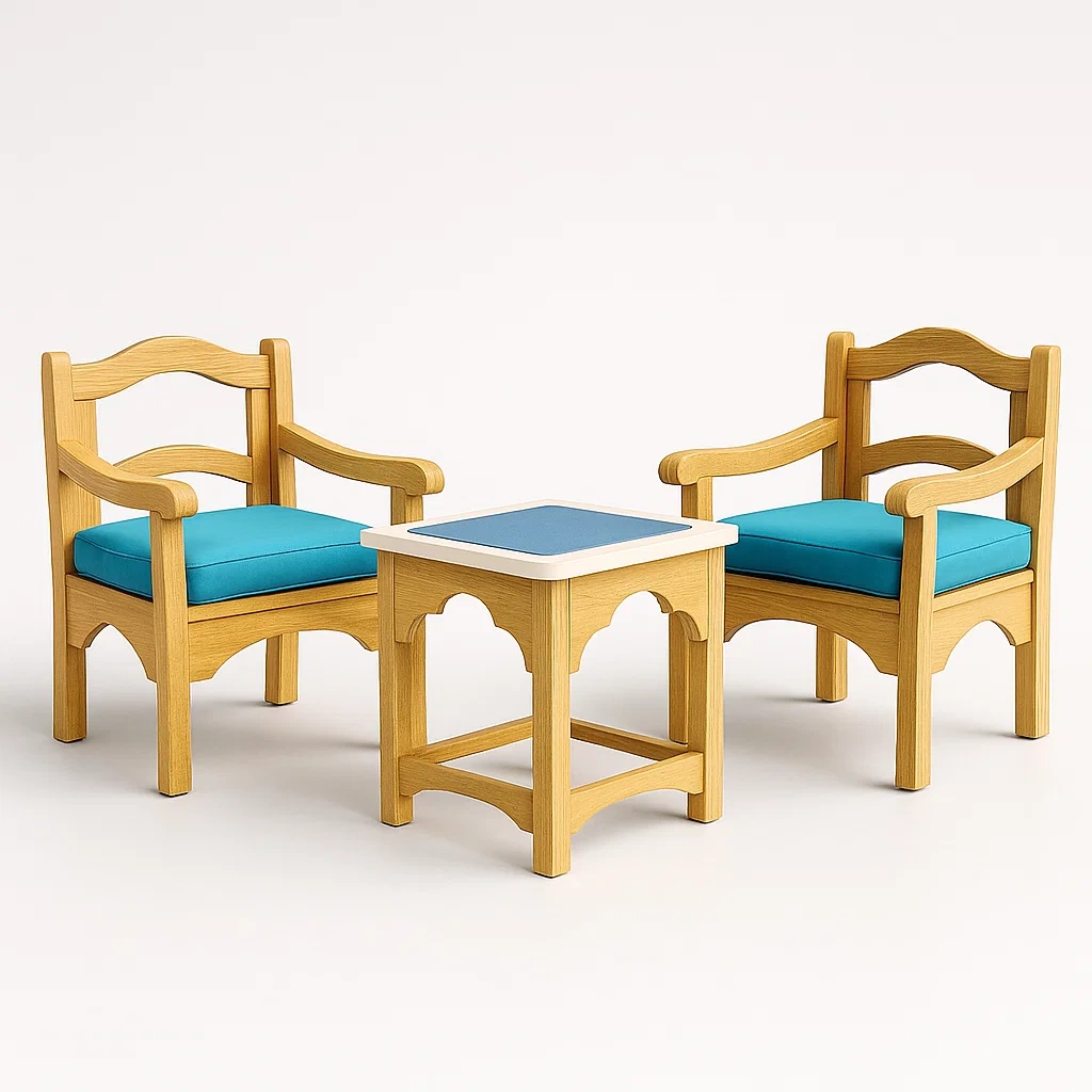 Kindersitzgruppe aus Holz mit blauem Bezug-furnialexo