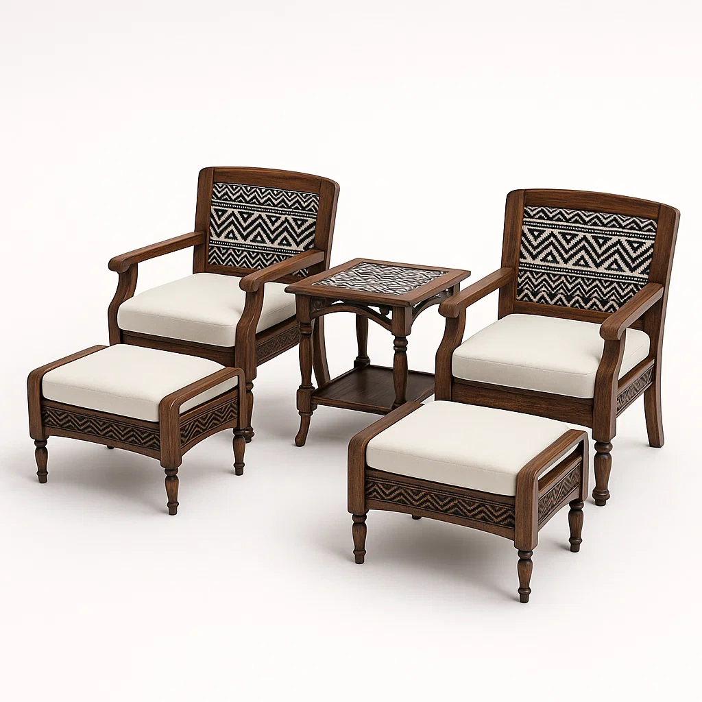 Massivholz-Sesselset mit Hockern und Beistelltisch, geometrisches Muster, Beige Polsterung-furnialexo