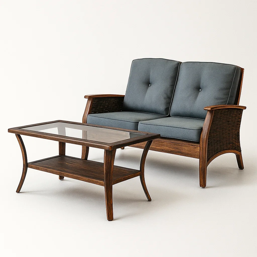 Gartensofa-Set aus Kiefernholz, Polyethylengeflecht und Glas, 2-teilig-furnialexo