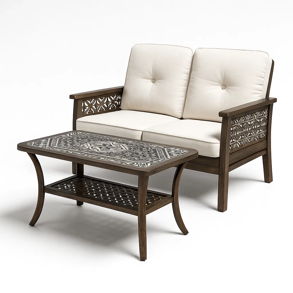 Holz Gartensofa-Set mit Tisch und Polyester-Polsterung Beige-furnialexo