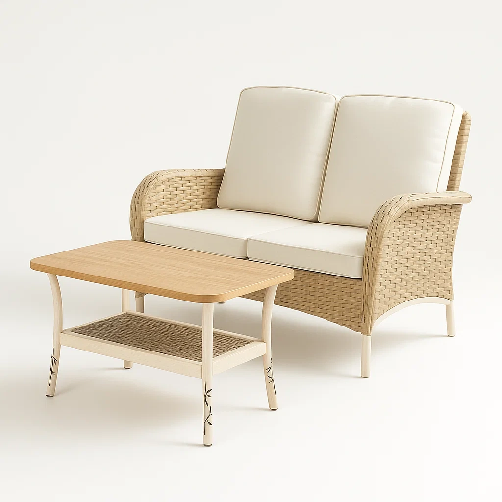 Rattan Metallrahmen Sofa Set mit Tisch Natur/Beige-furnialexo