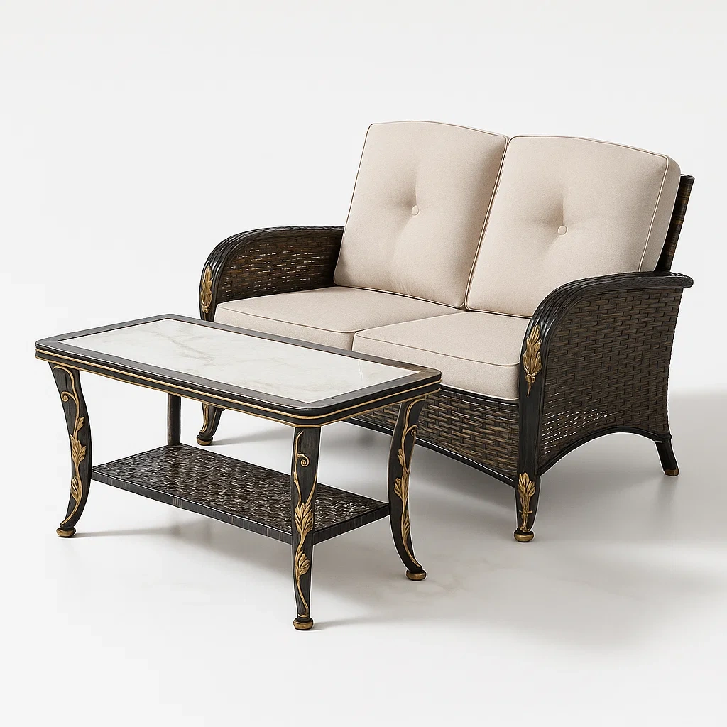 Rattan-Gartenmöbelset mit Zweiersofa und Tisch aus Glas, Beige/Braun-furnialexo