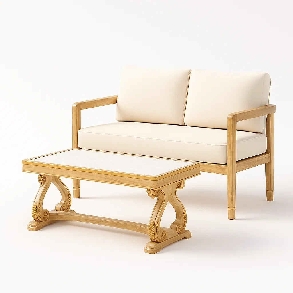 Sitzgruppe Sofa und Couchtisch Set Eichenholz Glas 2-Sitzer Creme-furnialexo