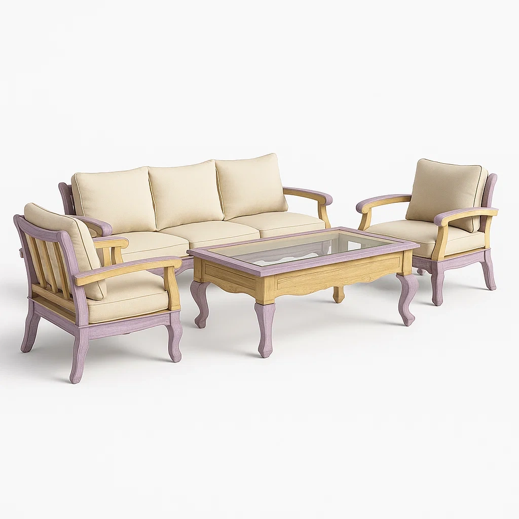 Holz-Sofa-Set mit Kissen und Glastisch Beige/Lavendel-furnialexo