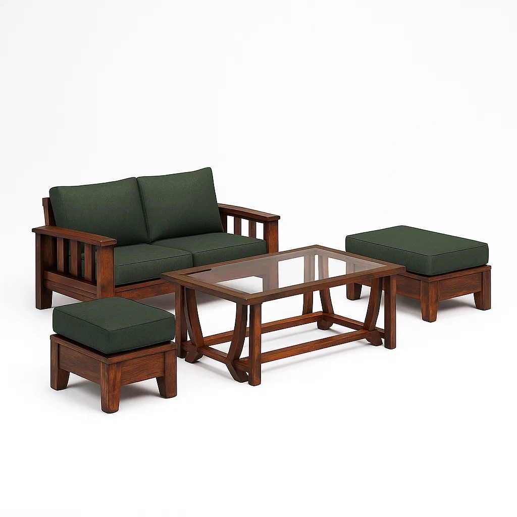 Holz Sofa Set mit Tisch und Hockern, dunkelgrüne Kissen-furnialexo