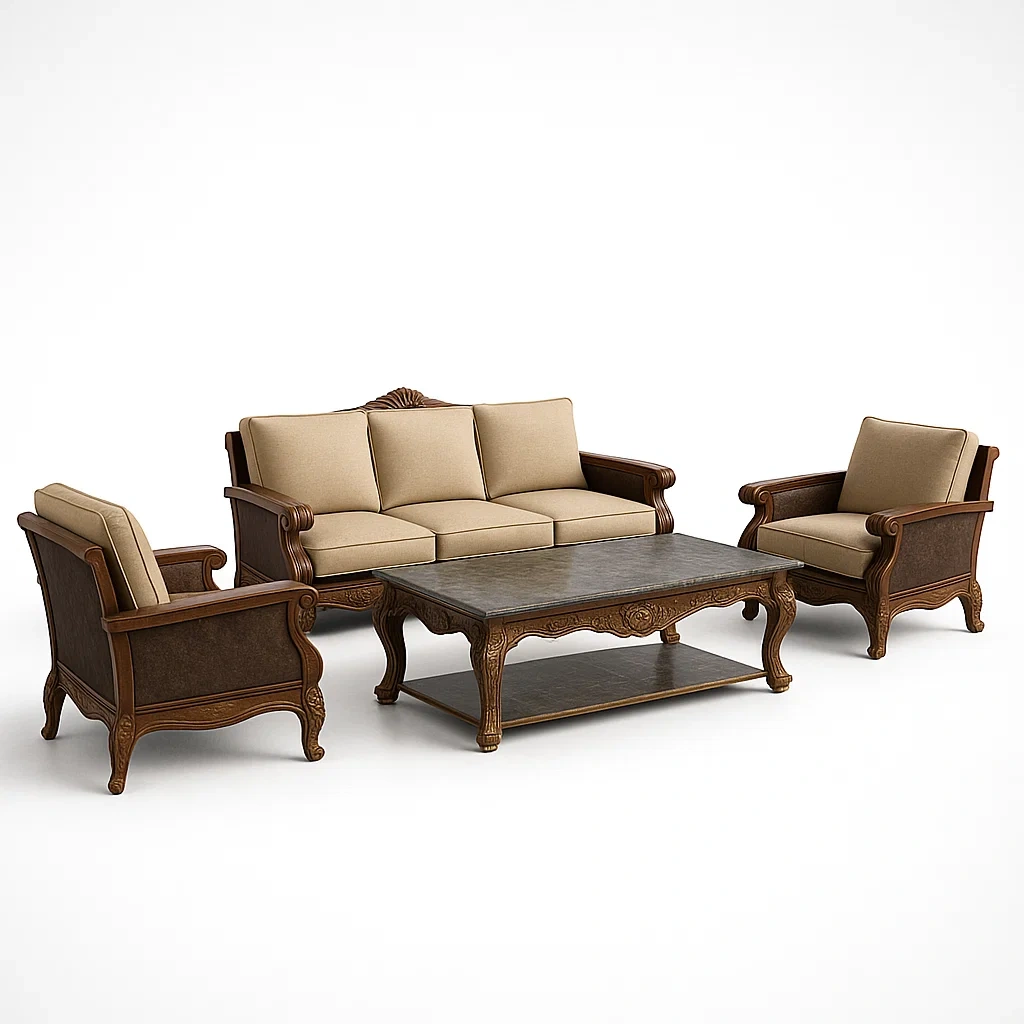 Wohnzimmer Sitzgruppe Eichenholzrahmen Beige Polster-furnialexo