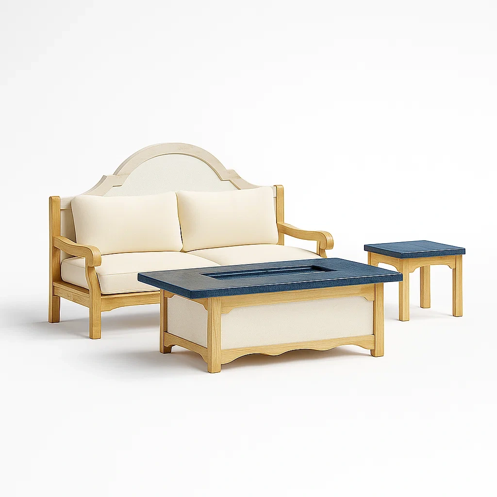 Wohnzimmer-Set aus Holz mit Leinenbezug Beige/Blau-furnialexo