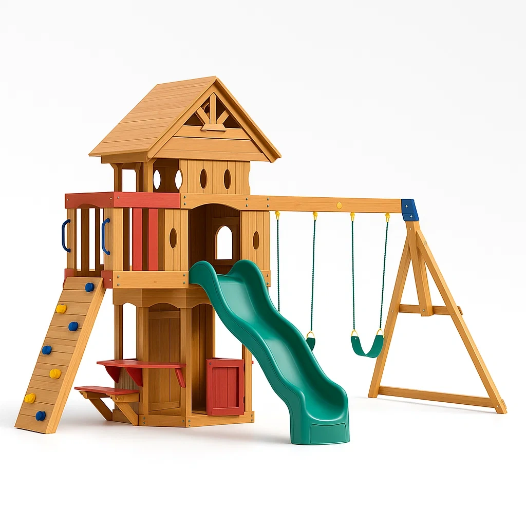 Holz-Kinderspielanlage mit Rutsche und Schaukel, 365 cm x 300 cm x 245 cm-furnialexo