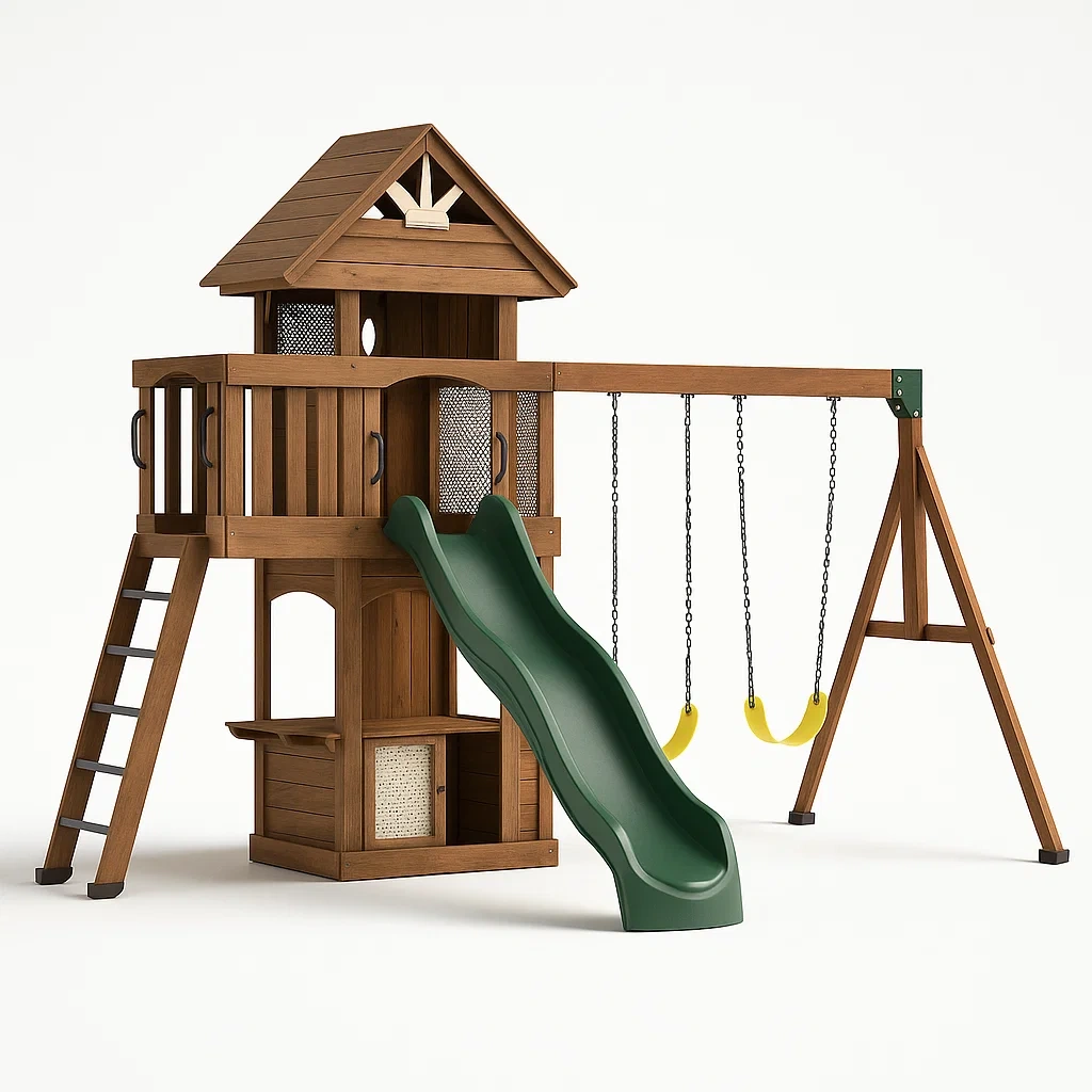 Holzspielplatz mit Rutsche und Schaukeln, Zedernholz, 350x300x240 cm, Braun/Grün/Gelb-furnialexo