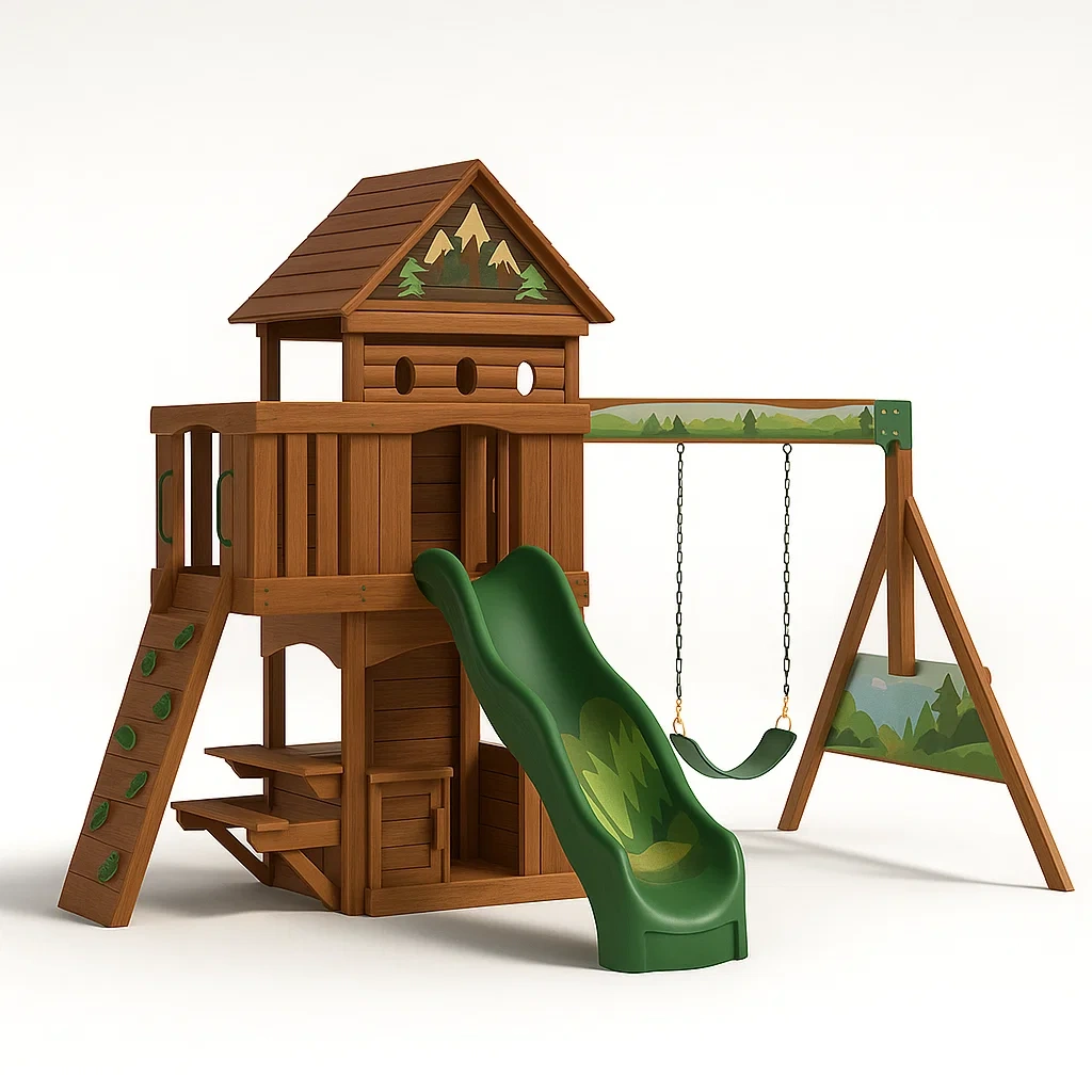 Holzspielplatz mit Rutsche und Schaukel, Massivholz Braun/Grün-furnialexo