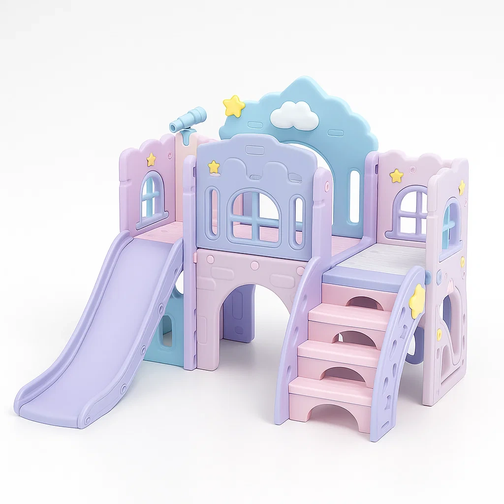 Kinderrutsche Spielhaus aus Polyethylen mit Treppe und Plattform, Blau/Rosa/Lila, 150 cm-furnialexo