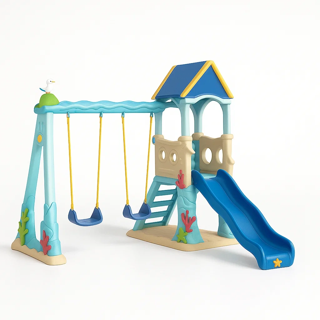 Kinderspielplatz Set mit Schaukel, Rutsche und Kletterturm aus Kunststoff, Blau/Beige-furnialexo