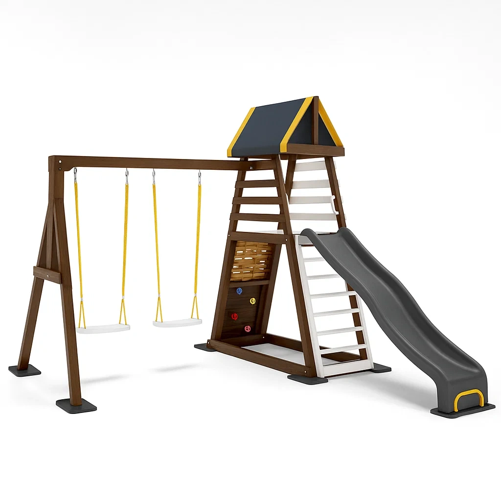 Kinderspielplatz mit Rutsche, Schaukeln, Holz-furnialexo