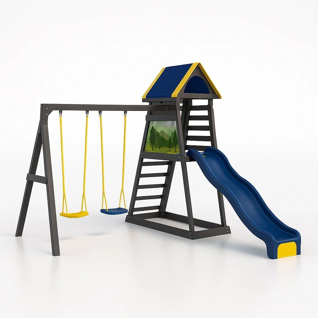 Kinderspielplatz Set aus Holz mit Schaukel und Rutsche, Blau/Gelb-furnialexo
