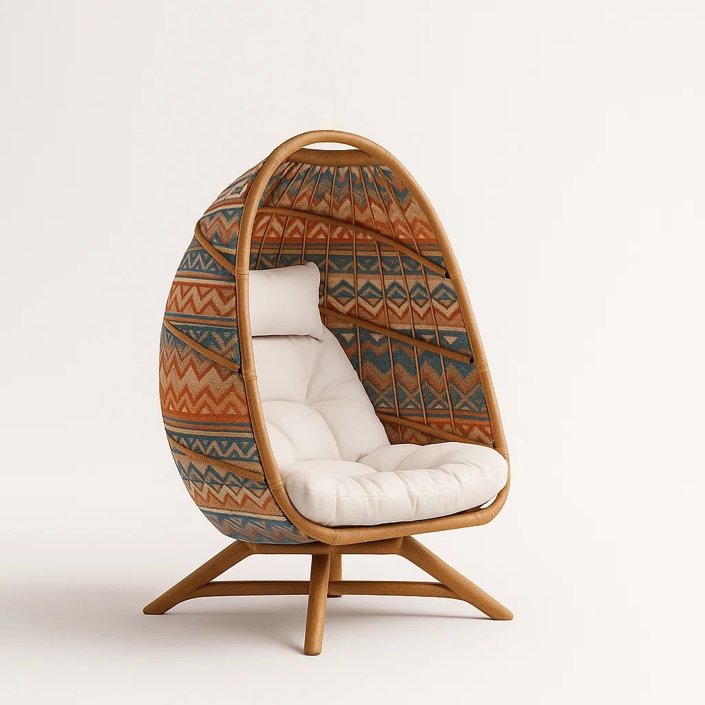 Rattan Lounge Chair mit Polyesterkissen und Ethno-Muster, 90 cm Höhe, Beige/Bunt-furnialexo
