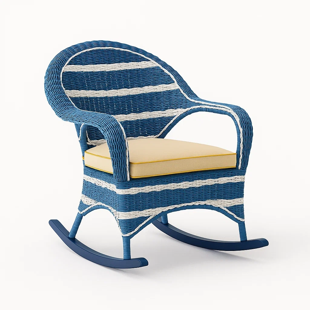 Schaukelstuhl aus PE-Rattan, Blau/Weiß mit Gelbem Kissen-furnialexo