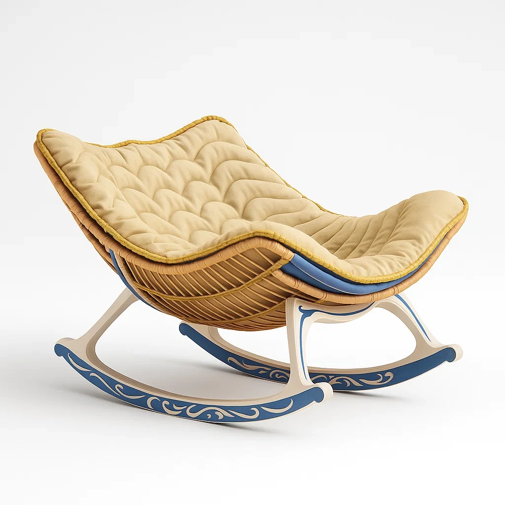 Schaukelstuhl aus Rattan mit Stoffpolsterung Beige/Blau-furnialexo