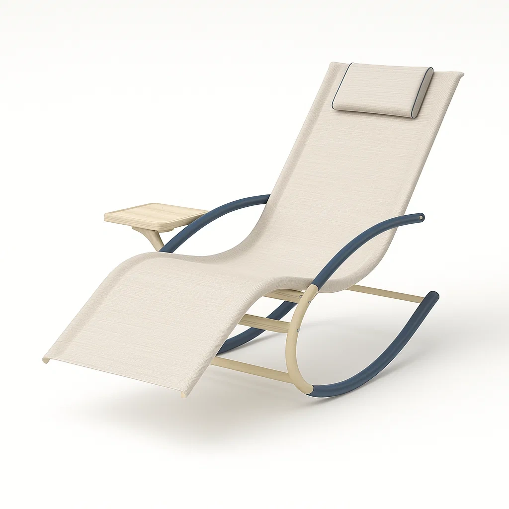 Ergonomischer Schaukelstuhl aus Textilene mit Holzablage, Creme, 130 cm-furnialexo