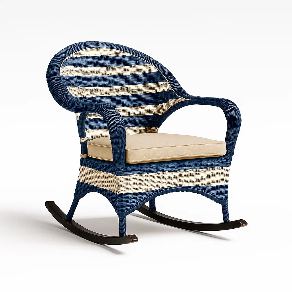 Schaukelstuhl aus Rattan in Blau und Beige mit Kissen-furnialexo