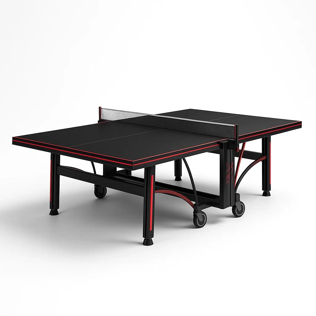 Klappbare Tischtennisplatte aus MDF mit Stahlrahmen, Schwarz und Rot-furnialexo
