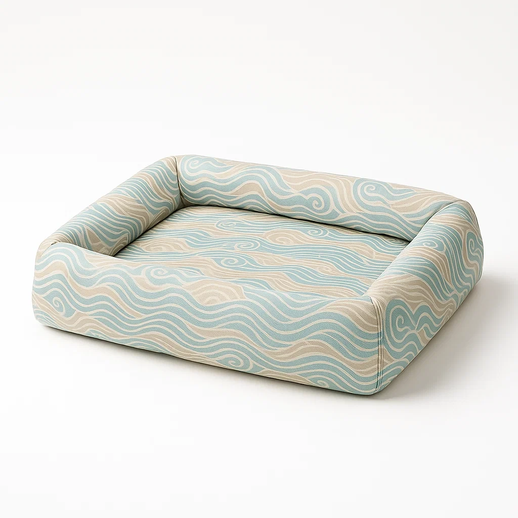 Rechteckiges Hundebett aus Baumwollstoff mit Wellenmuster Blau/Beige 100x80x20 cm-furnialexo