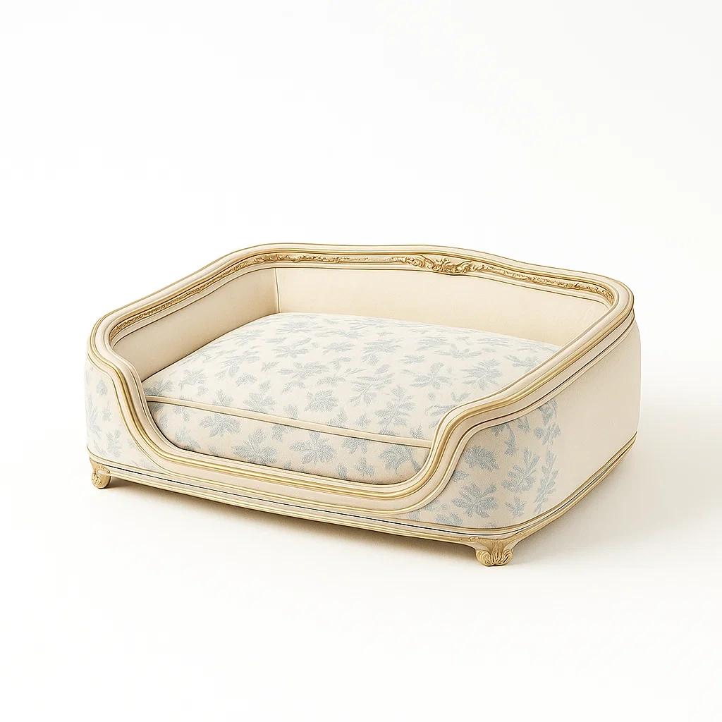 Hundebett aus Holz mit Polyesterbezug 80x60x30 cm Creme/Blau-furnialexo