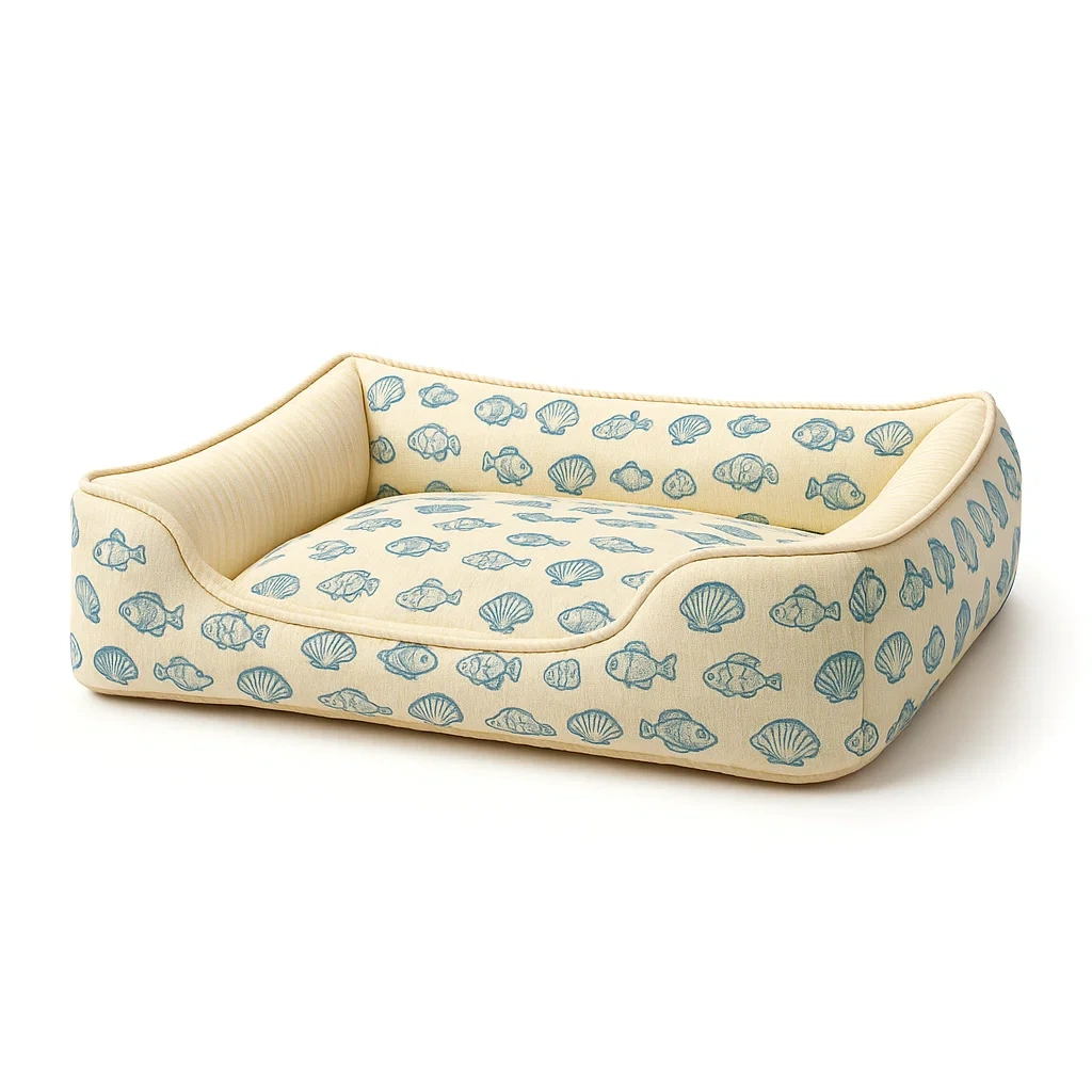 Hundebett Baumwolle Fischmuster Creme/Blau 80x60x20 cm-furnialexo