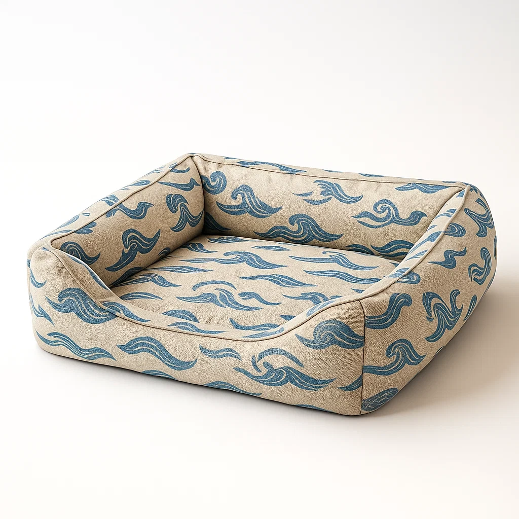 Hundebett Baumwolle Wellenmuster 80x60x20cm Beige/Blau-furnialexo
