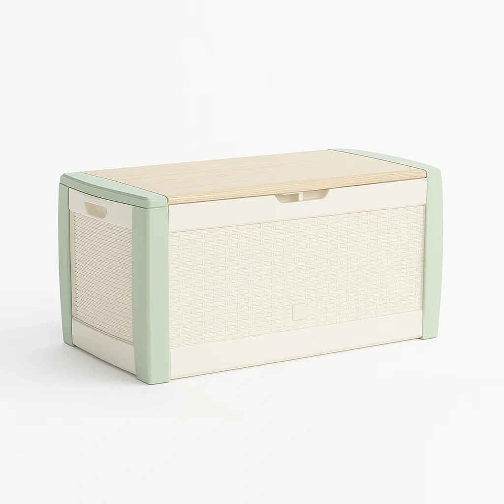 Kunststoff Aufbewahrungsbox mit Holzdeckel 45x30x30 cm Beige/Grün-furnialexo