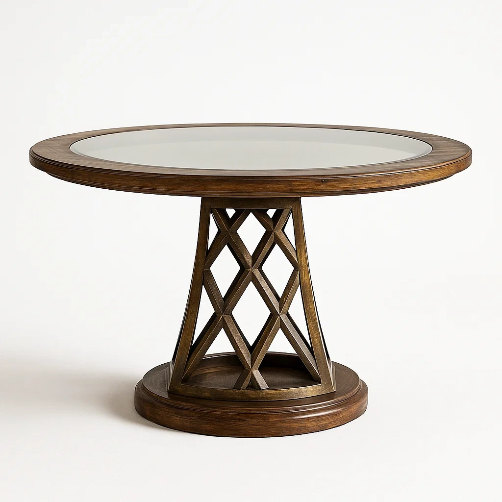 Runder Esstisch mit gehärtetem Glas und Holzbasis, 120cm, Braun-furnialexo