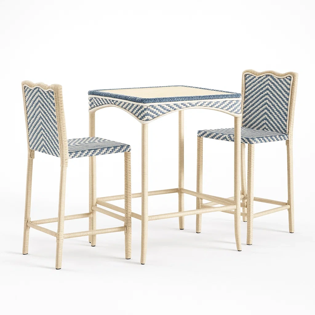 Rattan Bistro-Set mit Tisch und 2 Stühlen, Blau/Weiß-furnialexo